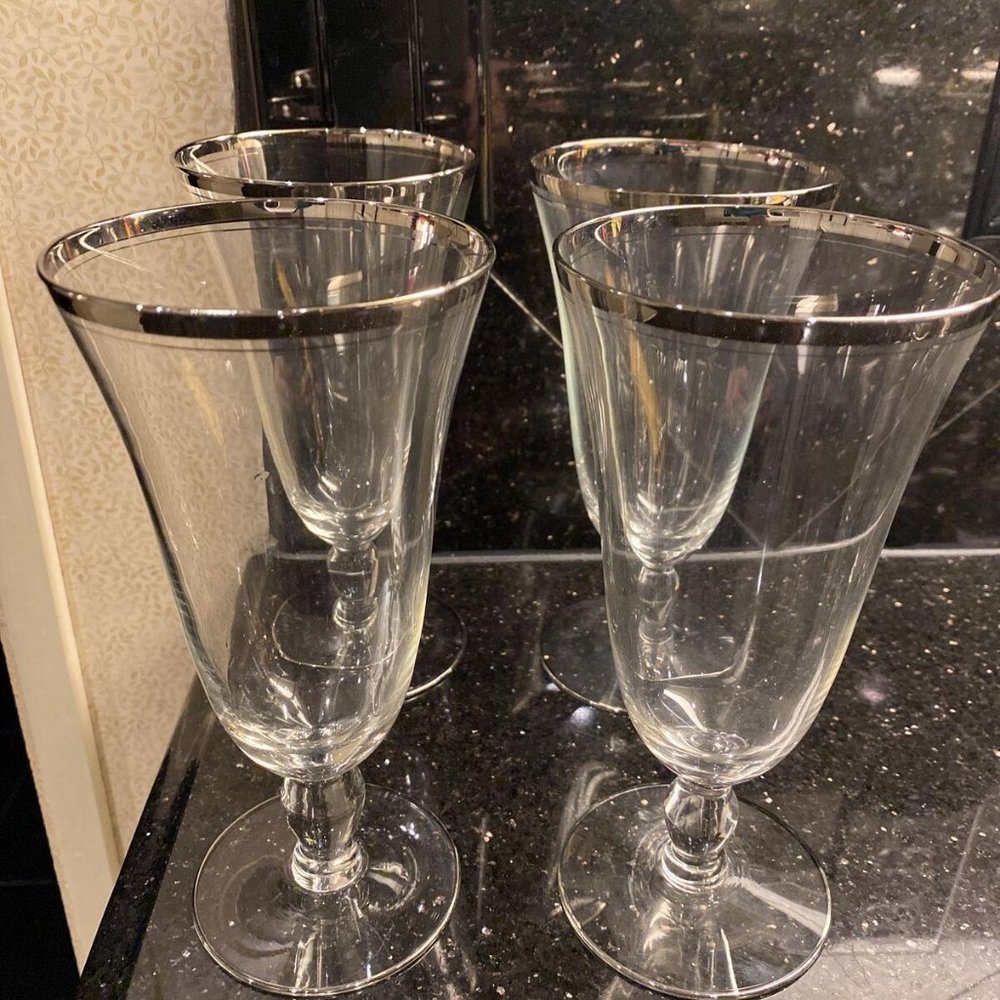 FOSTORIA Platinum Banded Crystal Iced Tea Glasses Set Of 4. Hardly Used Of Ever!